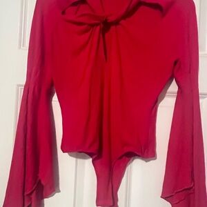 bebe Red Tie-Front Long Sleeve Bodysuit